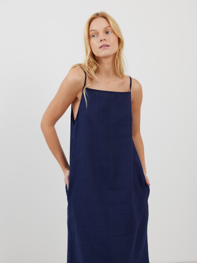 Image 5 of ADALINE Square Neck Linen Slip Dress in Navy Blue from Love and Confuse