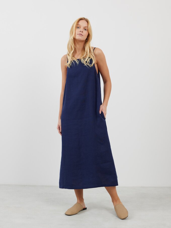 Image 6 of ADALINE Square Neck Linen Slip Dress in Navy Blue from Love and Confuse