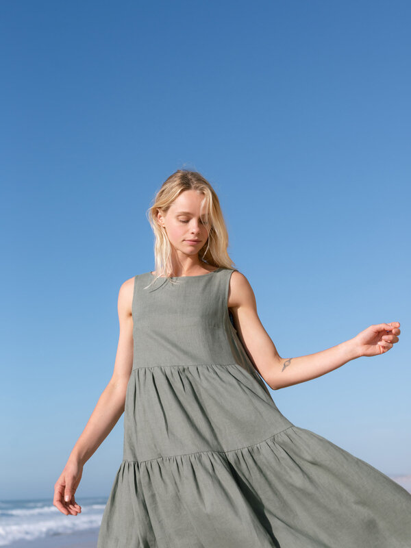 Image 1 of AGOTA Sleeveless Linen Midi Dress in Sage from Green Love and Confuse