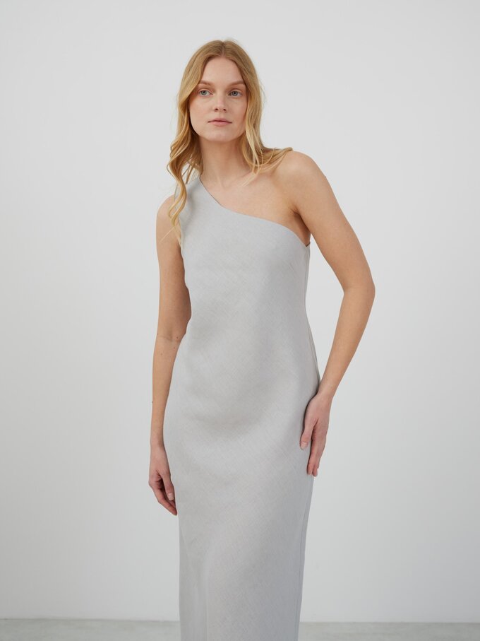 Image 1 of ANGELINA One-Shoulder Linen Maxi Dress in Cloudy Grey from Love and Confuse