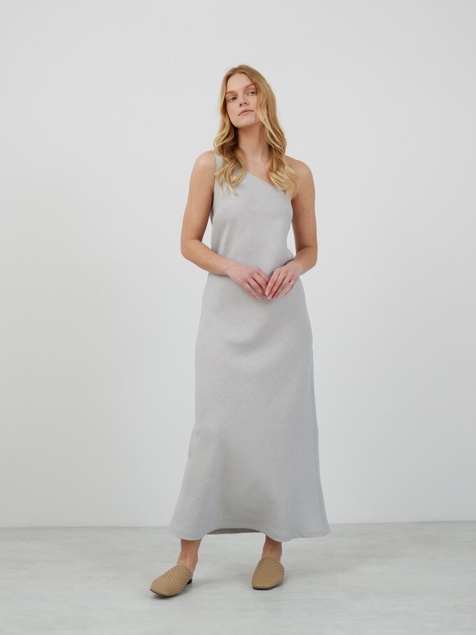 Image 3 of ANGELINA One-Shoulder Linen Maxi Dress in Cloudy Grey from Love and Confuse