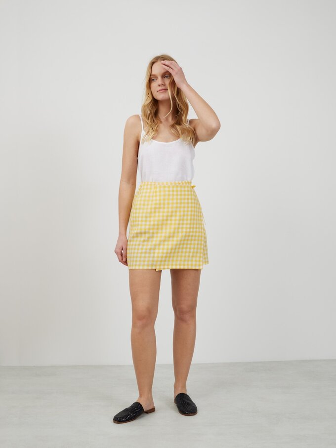 Image 2 of ANNALISE Linen Mini Wrap Skirt in Gingham Yellow from Love and Confuse