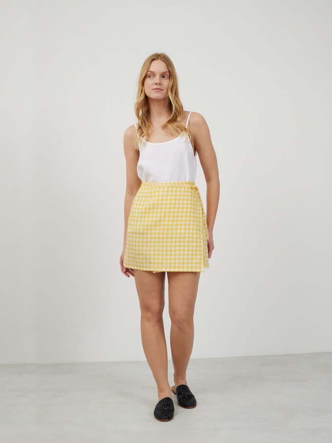 Image 4 of ANNALISE Linen Mini Wrap Skirt in Gingham Yellow from Love and Confuse