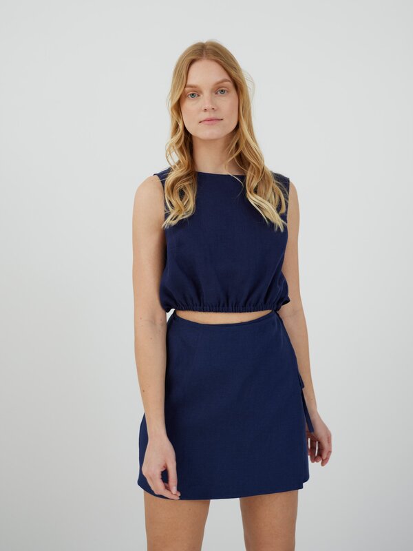 Image 1 of ANNALISE Linen Mini Wrap Skirt in Navy Blue from Love and Confuse