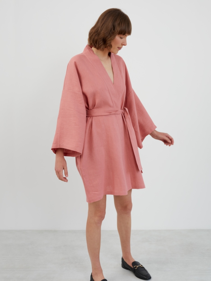 Image 1 of ATHENA Linen Wrap Dress in Salmon Pink from Love and Confuse