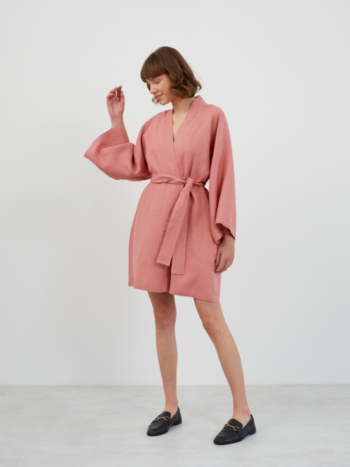 Image 2 of ATHENA Linen Wrap Dress in Salmon Pink from Love and Confuse