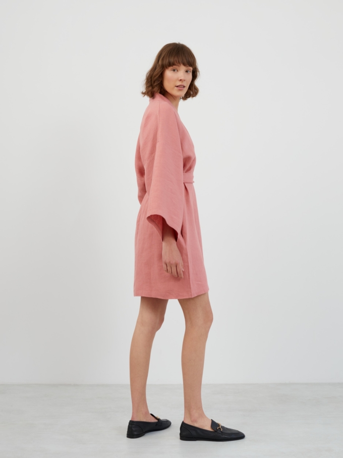 Image 4 of ATHENA Linen Wrap Dress in Salmon Pink from Love and Confuse