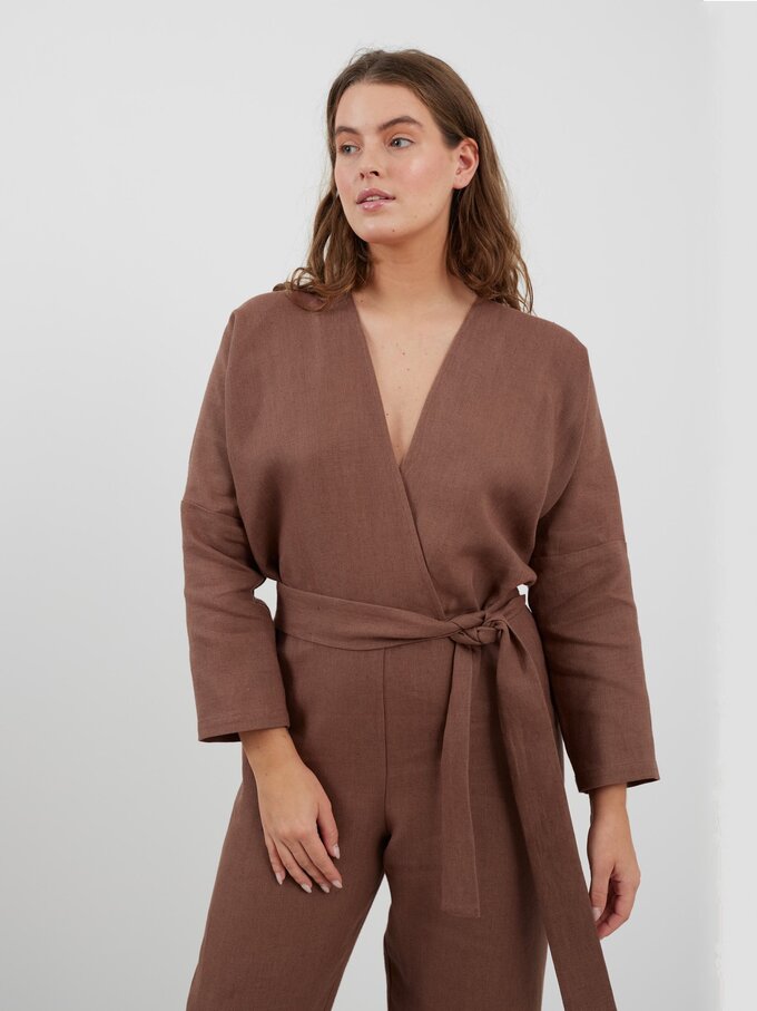 Image 1 of ATLAS Long Sleeve Linen Jumpsuit in Heavy Dark Brown from Love and Confuse