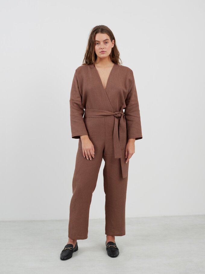 Image 2 of ATLAS Long Sleeve Linen Jumpsuit in Heavy Dark Brown from Love and Confuse