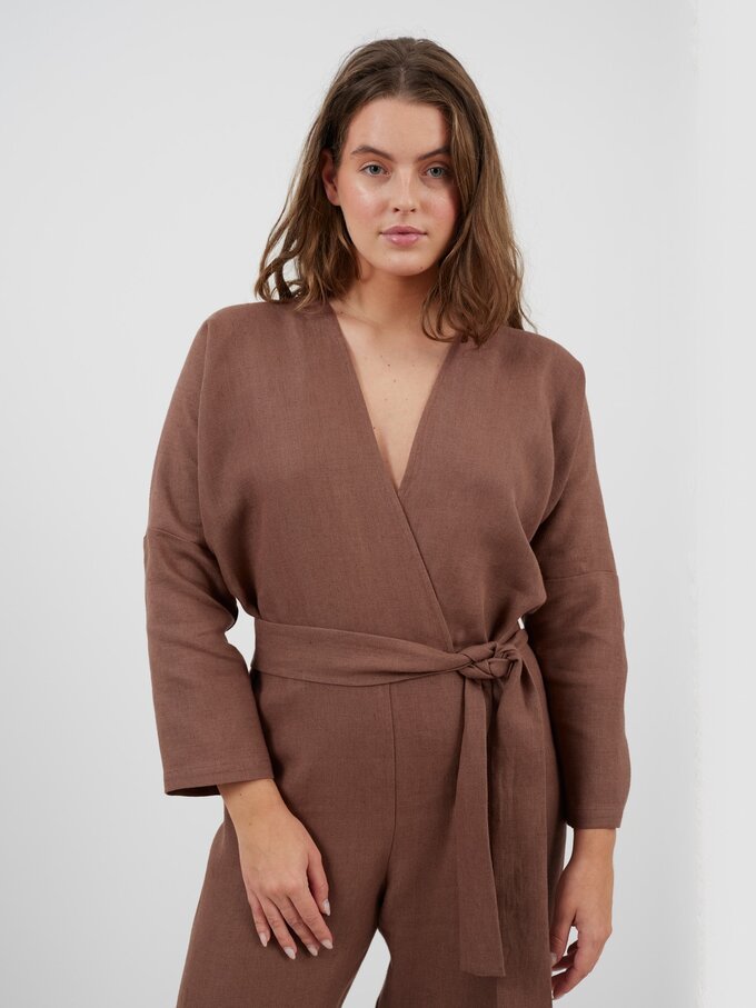 Image 3 of ATLAS Long Sleeve Linen Jumpsuit in Heavy Dark Brown from Love and Confuse