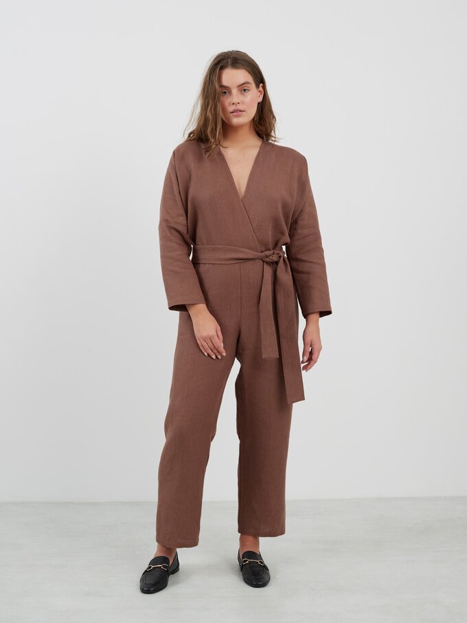 Image 4 of ATLAS Long Sleeve Linen Jumpsuit in Heavy Dark Brown from Love and Confuse