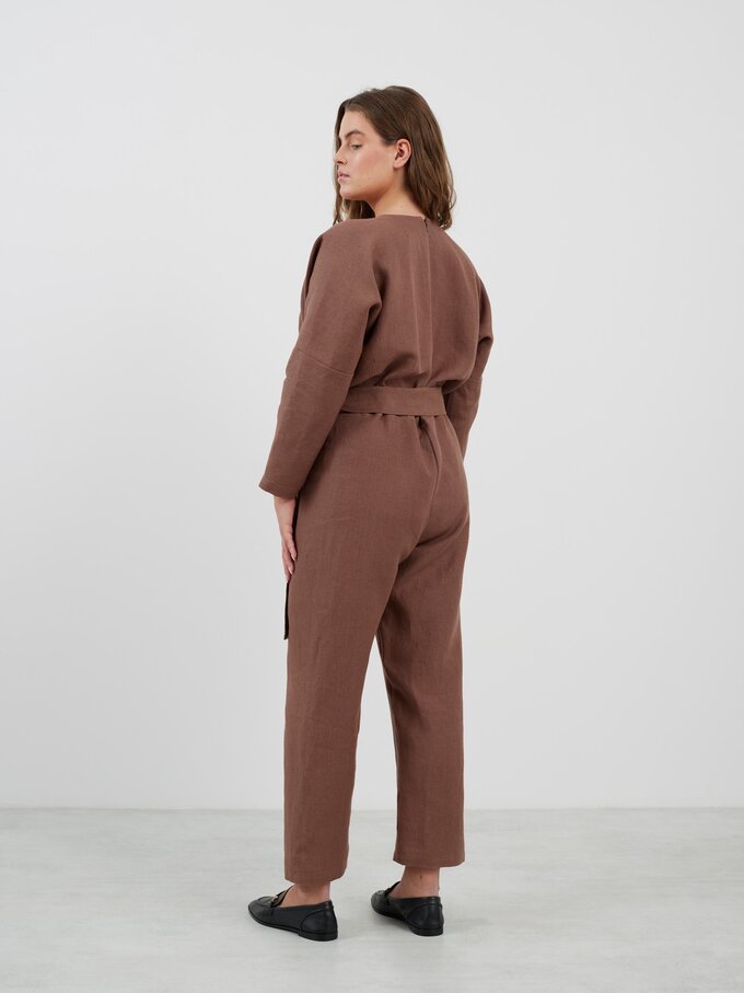 Image 5 of ATLAS Long Sleeve Linen Jumpsuit in Heavy Dark Brown from Love and Confuse