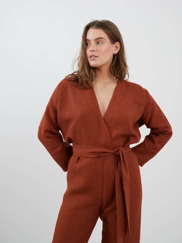 Image 1 of ATLAS Long Sleeve Linen Jumpsuit in Heavy Rust from Love and Confuse