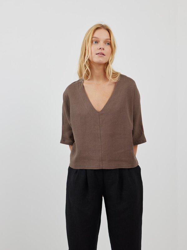 Image 1 of BRIANNA Linen V-neck Blouse in Cocoa from Love and Confuse