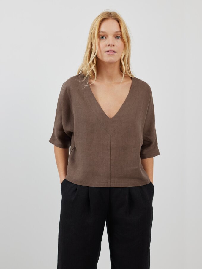 Image 3 of BRIANNA Linen V-neck Blouse in Cocoa from Love and Confuse