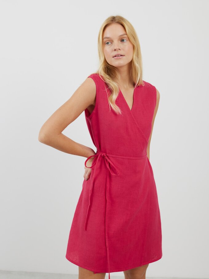 Image 3 of BROOKE Linen Sleeveless Wrap Dress in Vivid Raspberry from Love and Confuse