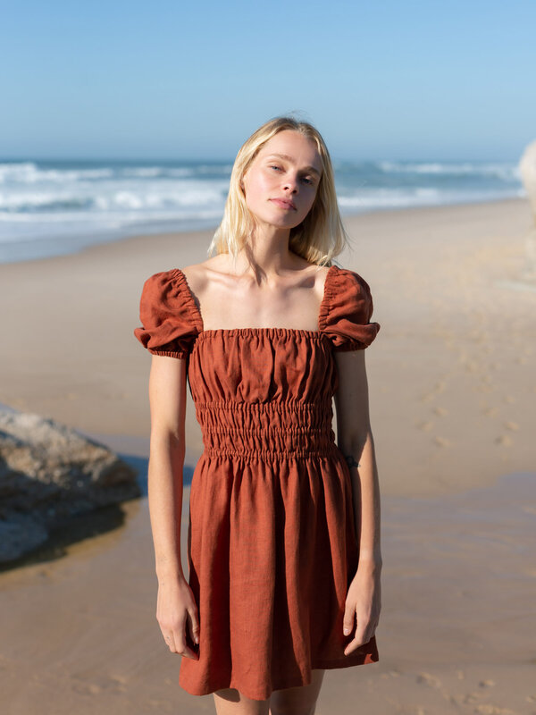 Image 1 of CIELLE Puff Sleeve Linen Summer Dress in Rust from Love and Confuse