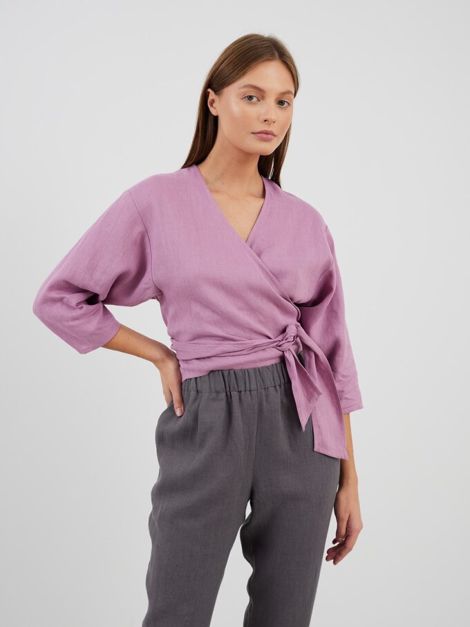 Image 1 of CLAIRE Linen Wrap Top in Radiant Orchid from Love and Confuse