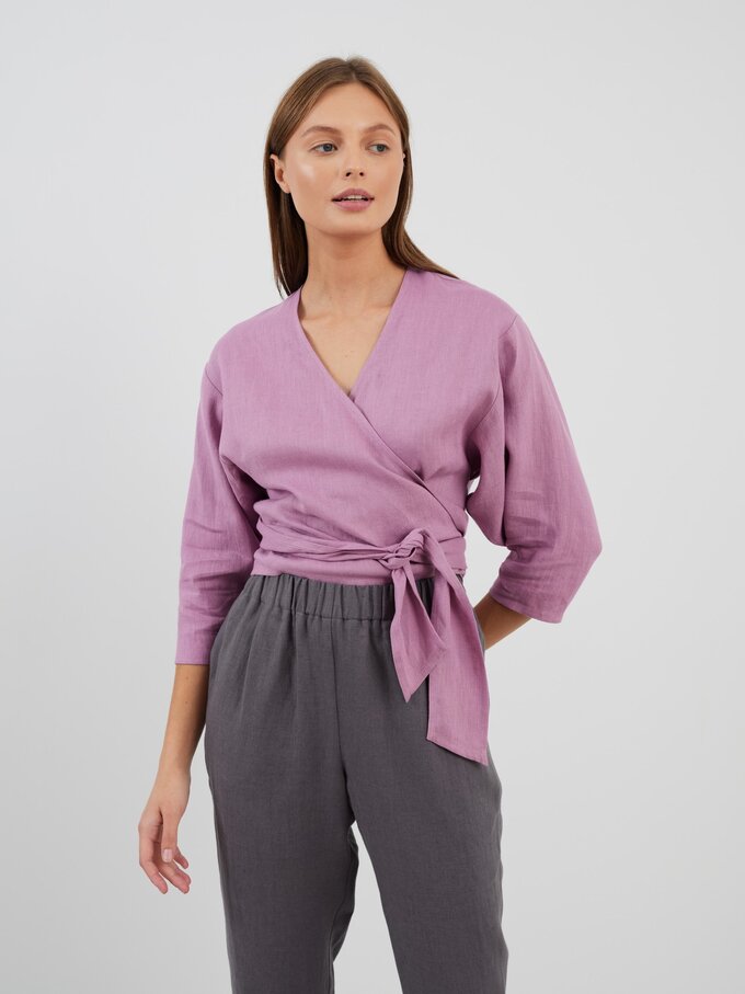 Image 3 of CLAIRE Linen Wrap Top in Radiant Orchid from Love and Confuse