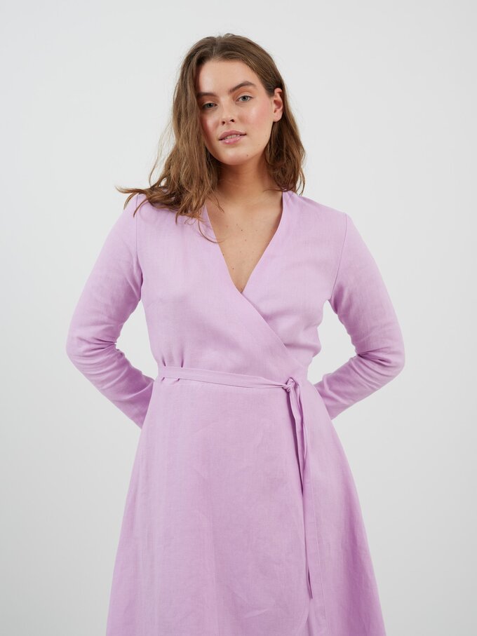 Image 3 of CLAUDIA Long Sleeve Linen Wrap Dress in Lilac from Love and Confuse