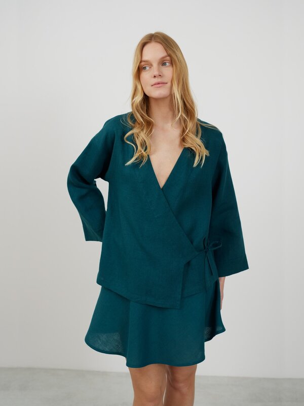 Image 1 of DELILAH Linen Kimono Jacket in Emerald Blue from Love and Confuse