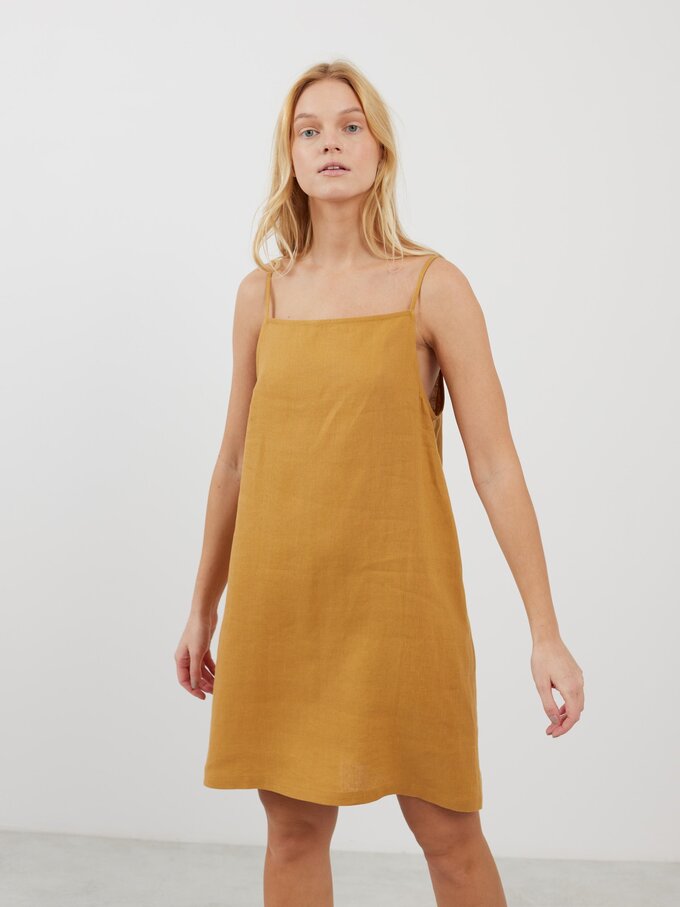 Image 1 of DEVON Linen Spaghetti Strap Dress in Yellow Honey from Love and Confuse