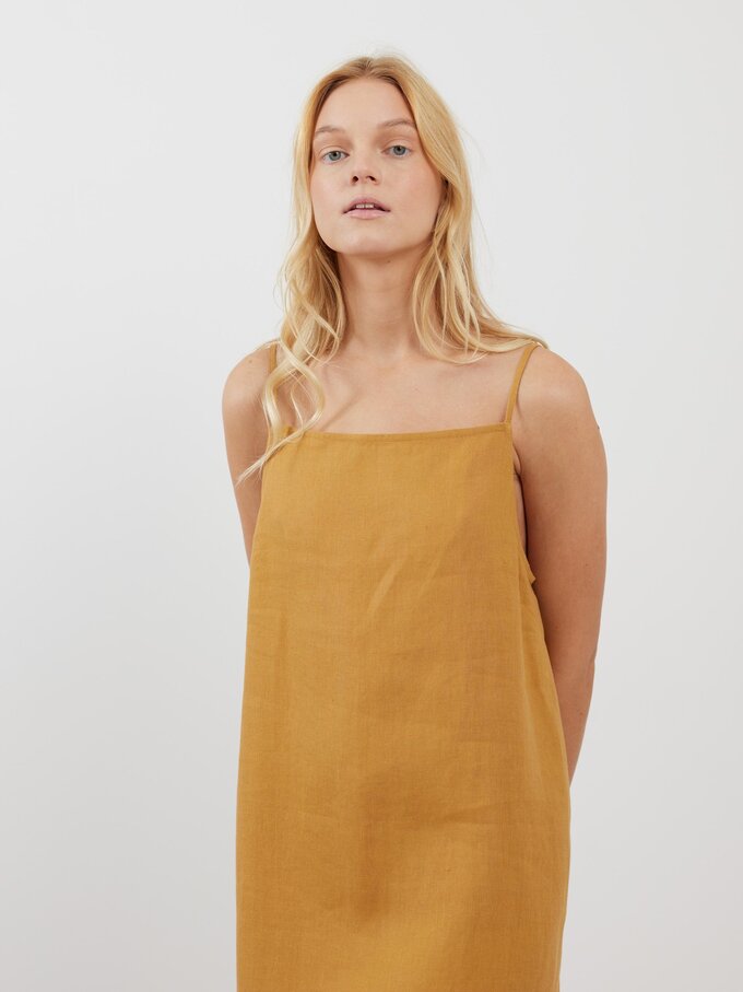 Image 3 of DEVON Linen Spaghetti Strap Dress in Yellow Honey from Love and Confuse