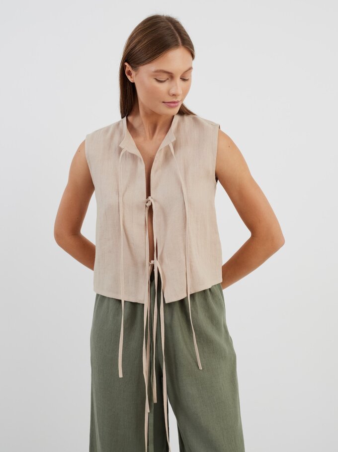 Image 1 of HEIDI Tie Front Linen Top in Beige from Love and Confuse