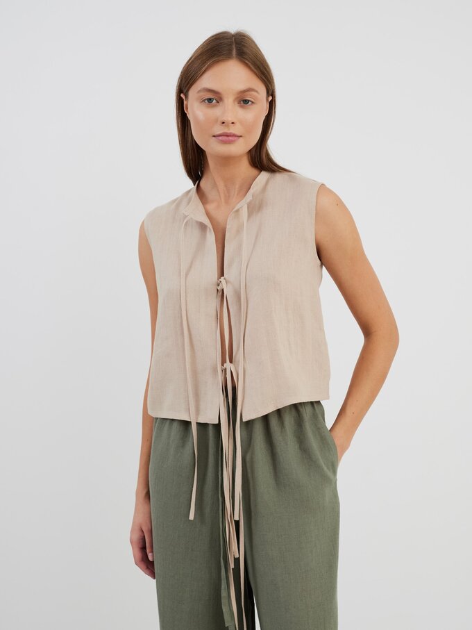 Image 3 of HEIDI Tie Front Linen Top in Beige from Love and Confuse