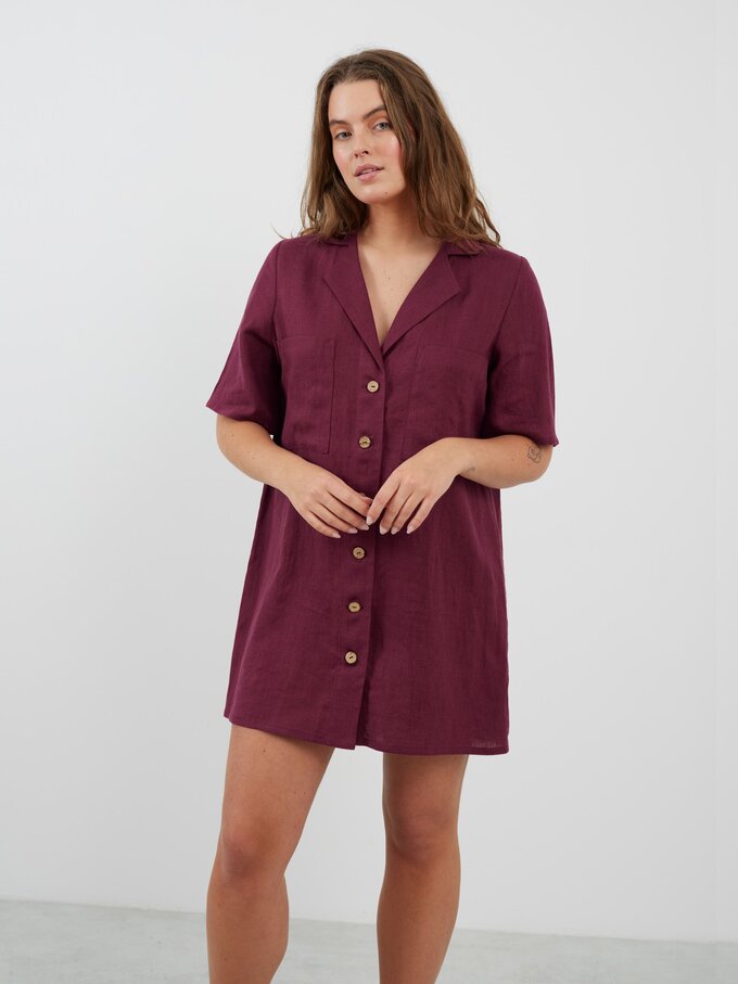 Image 1 of IDA Bowling Shirt Linen Mini Dress in Eggplant from Love and Confuse