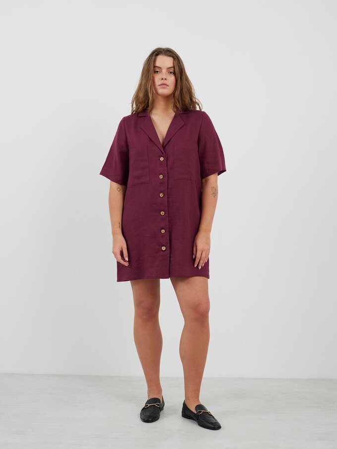 Image 2 of IDA Bowling Shirt Linen Mini Dress in Eggplant from Love and Confuse