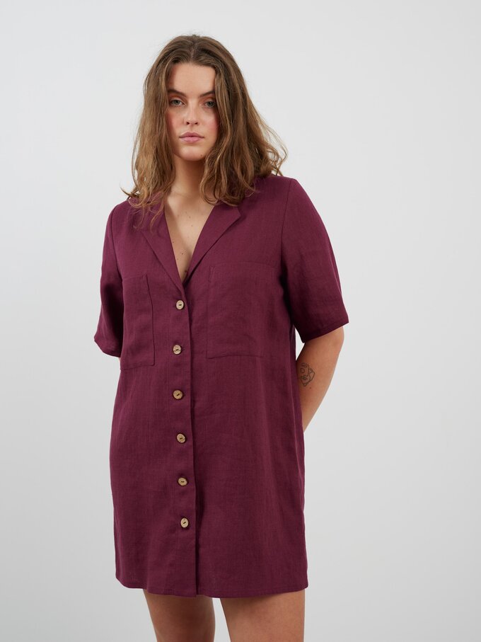 Image 3 of IDA Bowling Shirt Linen Mini Dress in Eggplant from Love and Confuse