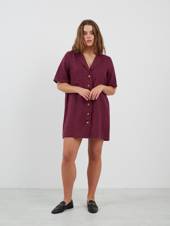 Image 4 of IDA Bowling Shirt Linen Mini Dress in Eggplant from Love and Confuse