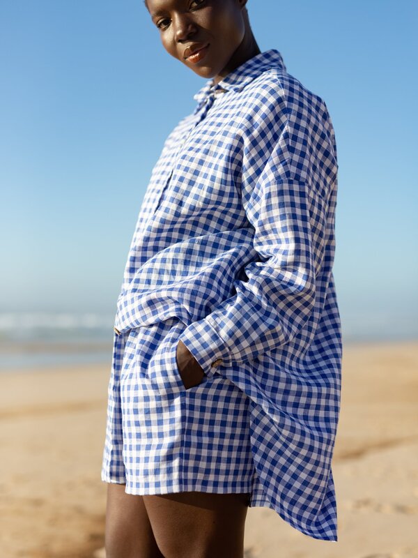 Image 1 of ISLA High-Waisted Linen Shorts in Gingham Blue from Love and Confuse