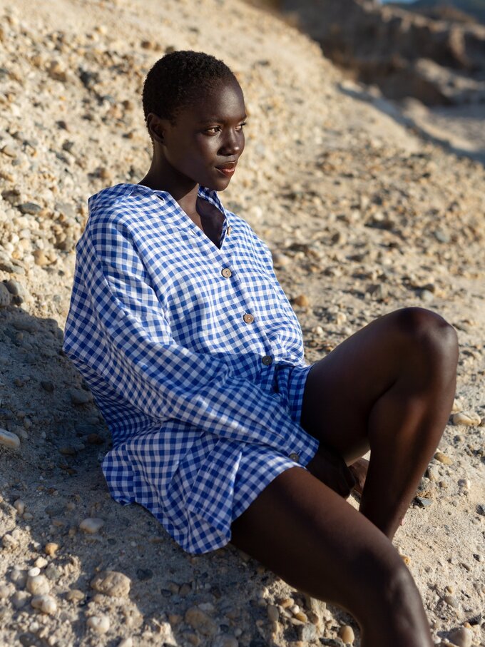 Image 3 of ISLA High-Waisted Linen Shorts in Gingham Blue from Love and Confuse