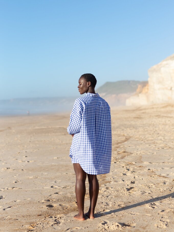 Image 4 of ISLA High-Waisted Linen Shorts in Gingham Blue from Love and Confuse