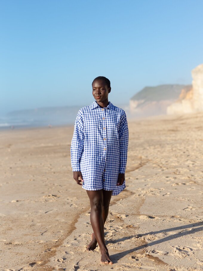 Image 5 of ISLA High-Waisted Linen Shorts in Gingham Blue from Love and Confuse