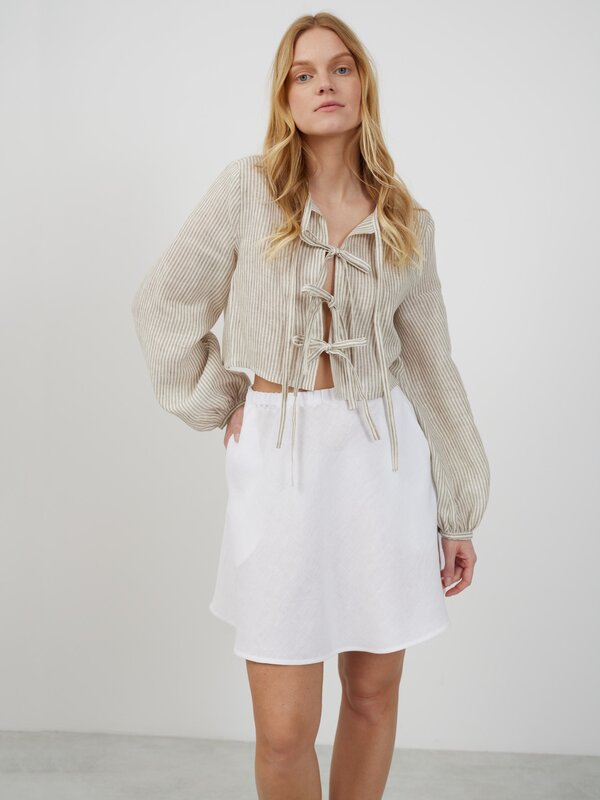 Image 1 of KOA Tie Front Linen Top in Beige White Stripes from Love and Confuse