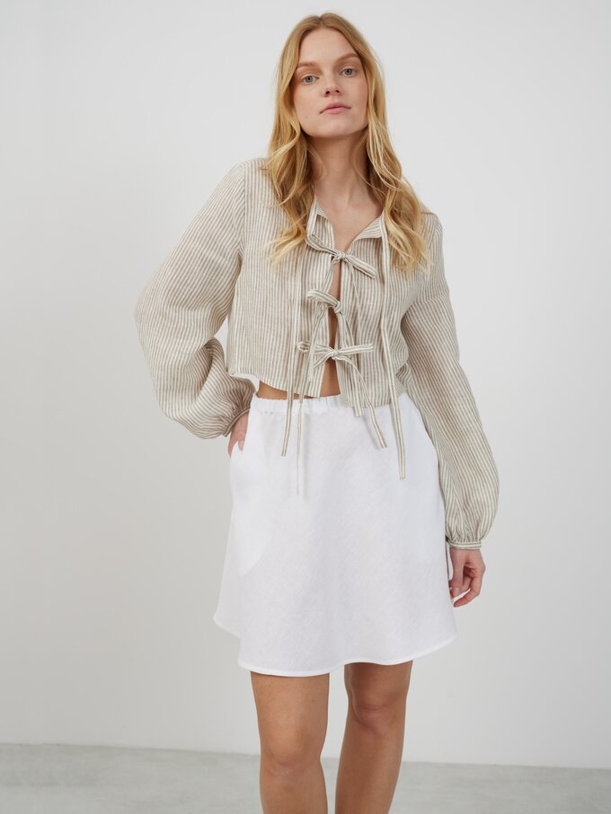 Image 1 of KOA Tie Front Linen Top in Beige White Stripes from Love and Confuse