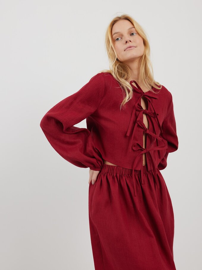 Image 3 of KOA Tie Front Linen Top in Cherry Red from Love and Confuse