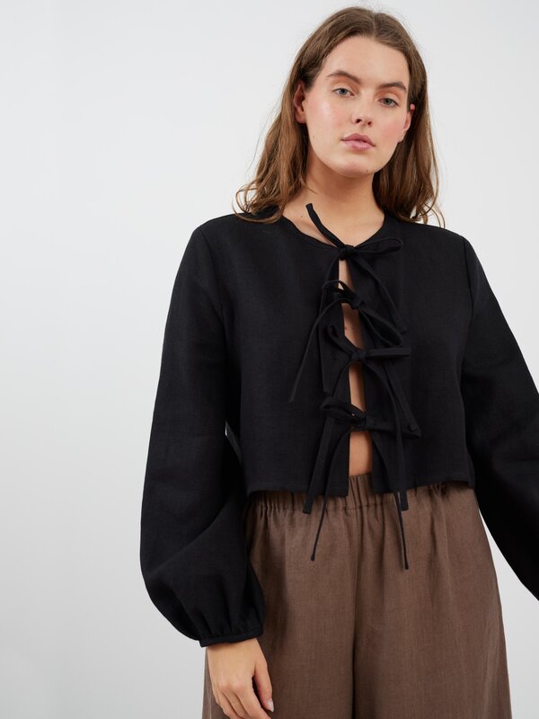 Image 1 of KOA Tie Front Linen Top in Heavy Black from Love and Confuse