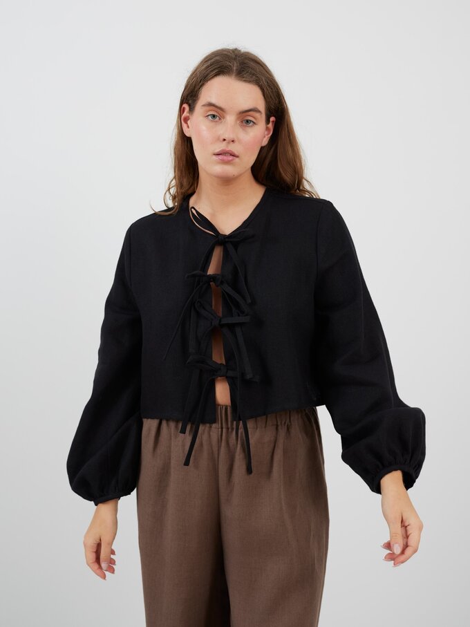 Image 4 of KOA Tie Front Linen Top in Heavy Black from Love and Confuse