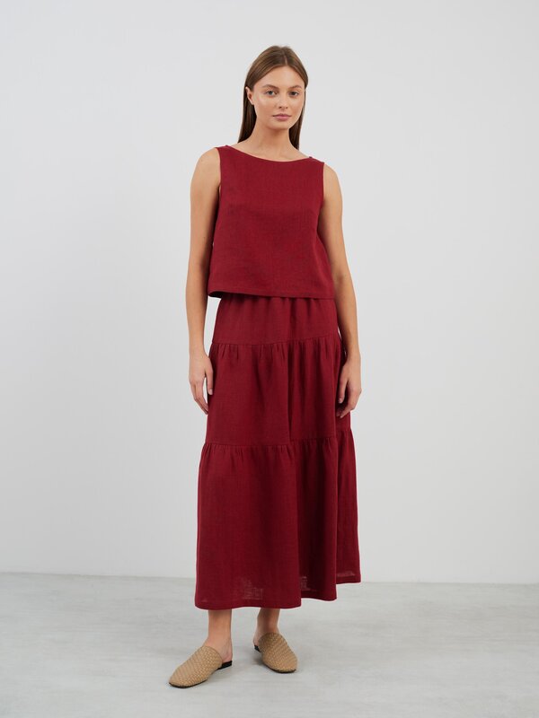 Image 1 of LILA Tiered Maxi Linen Skirt in Cherry Red from Love and Confuse