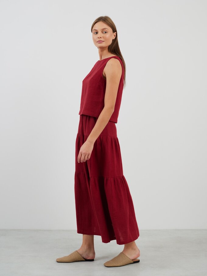 Image 4 of LILA Tiered Maxi Linen Skirt in Cherry Red from Love and Confuse