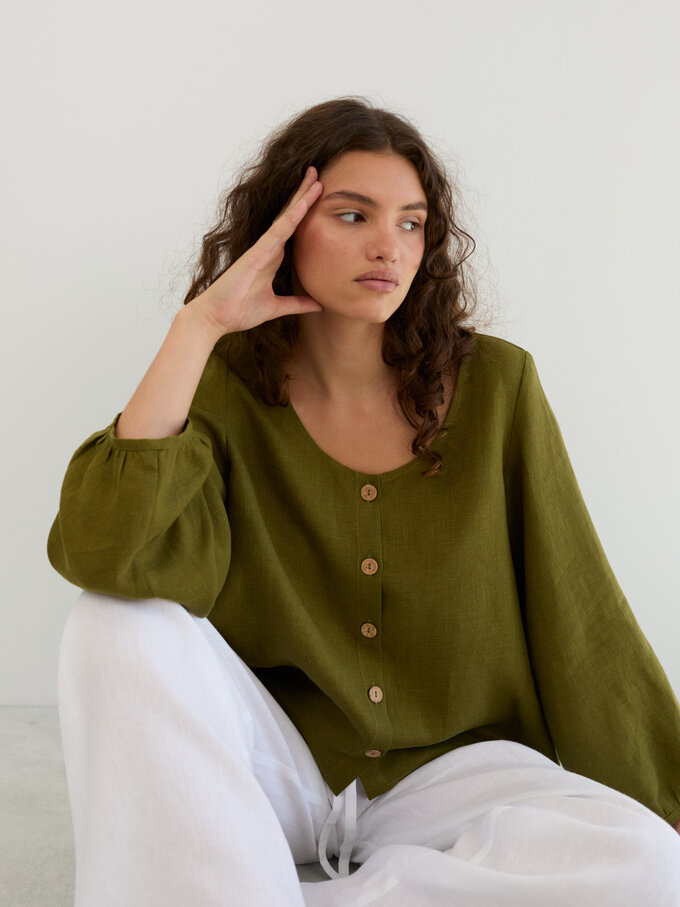 Image 1 of Linen Balloon Sleeve Button Up Blouse in Moss Green DAISY from Love and Confuse | Handmade Linen Clothing for Women