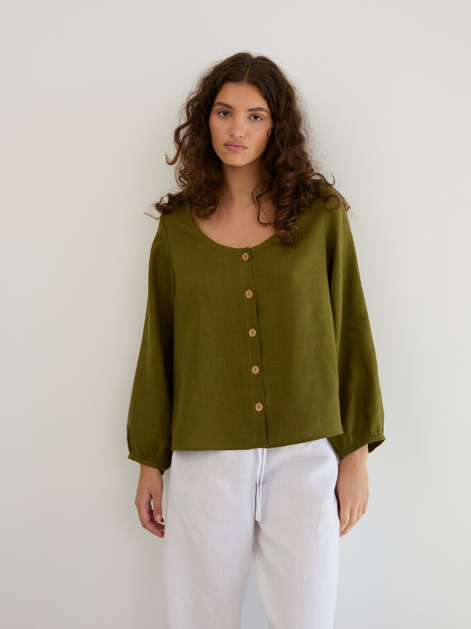 Image 2 of Linen Balloon Sleeve Button Up Blouse in Moss Green DAISY from Love and Confuse | Handmade Linen Clothing for Women