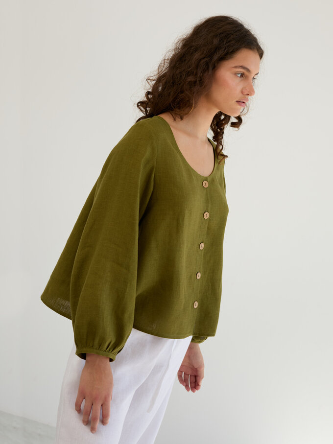 Image 4 of Linen Balloon Sleeve Button Up Blouse in Moss Green DAISY from Love and Confuse | Handmade Linen Clothing for Women