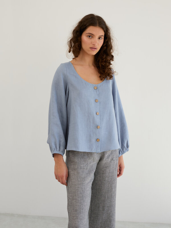 Image 1 of Linen Balloon Sleeve Button Up Blouse in Vista Blue DAISY from Love and Confuse | Handmade Linen Clothing for Women