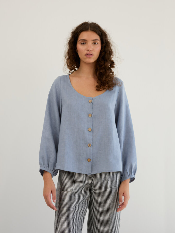 Image 3 of Linen Balloon Sleeve Button Up Blouse in Vista Blue DAISY from Love and Confuse | Handmade Linen Clothing for Women