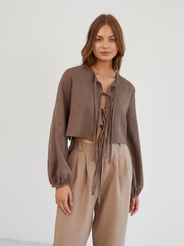 Image 1 of Long Sleeve Tie Front Linen Blouse in Cocoa KOA from Love and Confuse | Handmade Linen Clothing for Women